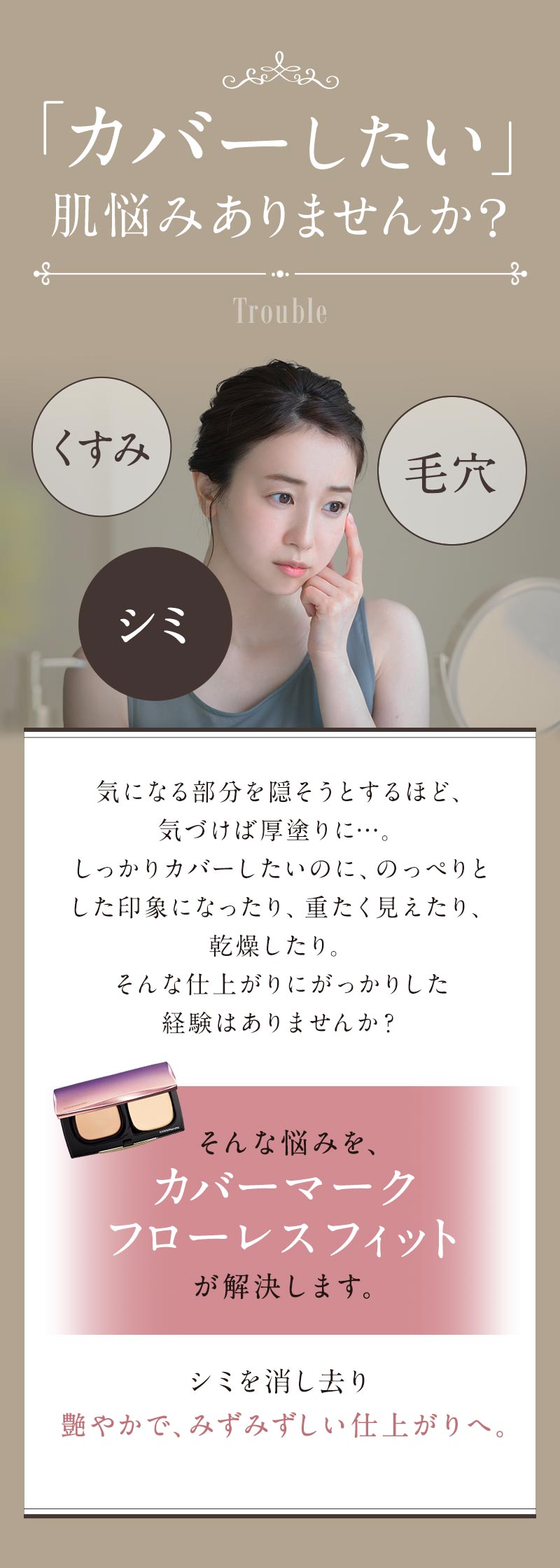 「カバーしたい」肌悩みありませんか？くすみ、毛穴、シミ そんな悩みを、カバーマーク フローレス フィットが解決します。